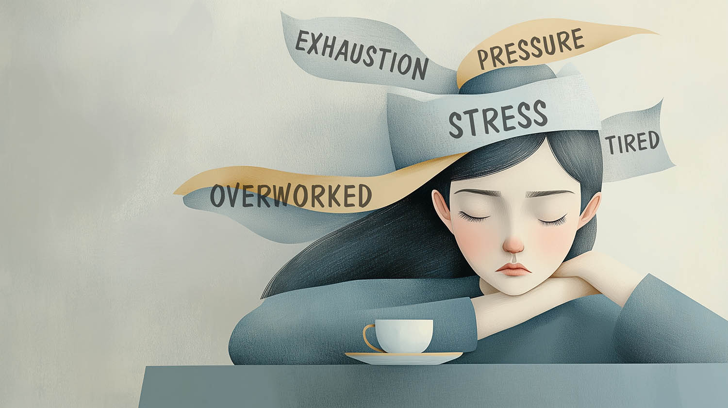 Exhausted tired woman sitting on a desk with a cup of coffee, bu